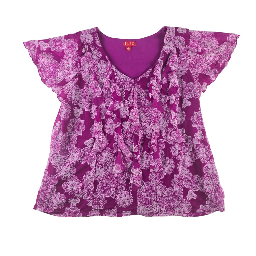Elle Ruffle Front Blouse Womens 1X Purple Floral Flutter Sleeve V-Neck Top Plus